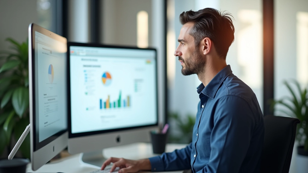 Persona che esamina due varianti di pagina web su monitor, con note analitiche sparse sulla scrivania