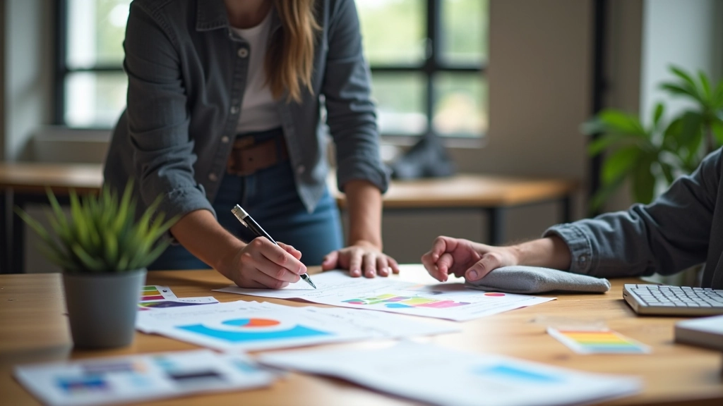 Designer che lavora su schizzi di landing page con colori e tipografia su una scrivania luminosa