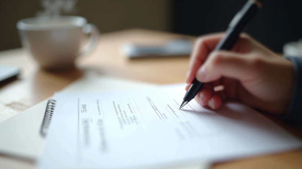 Primo piano di una mano che scrive su un form cartaceo con penna nera, su scrivania in legno con caffè fumante sullo sfondo
