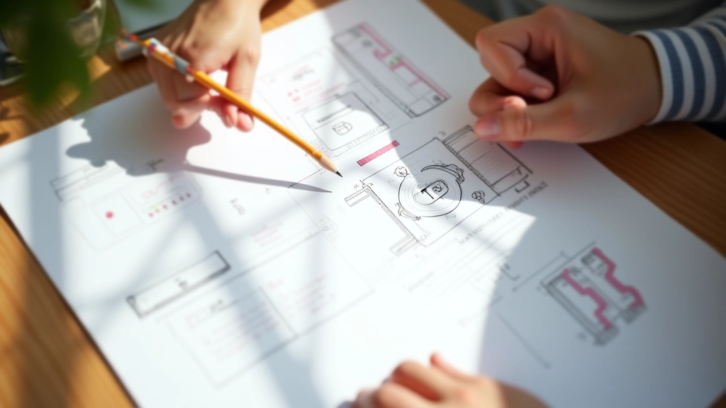 Designer che disegna wireframe di una landing page su carta, matita e righello su scrivania luminosa, vista dall'alto