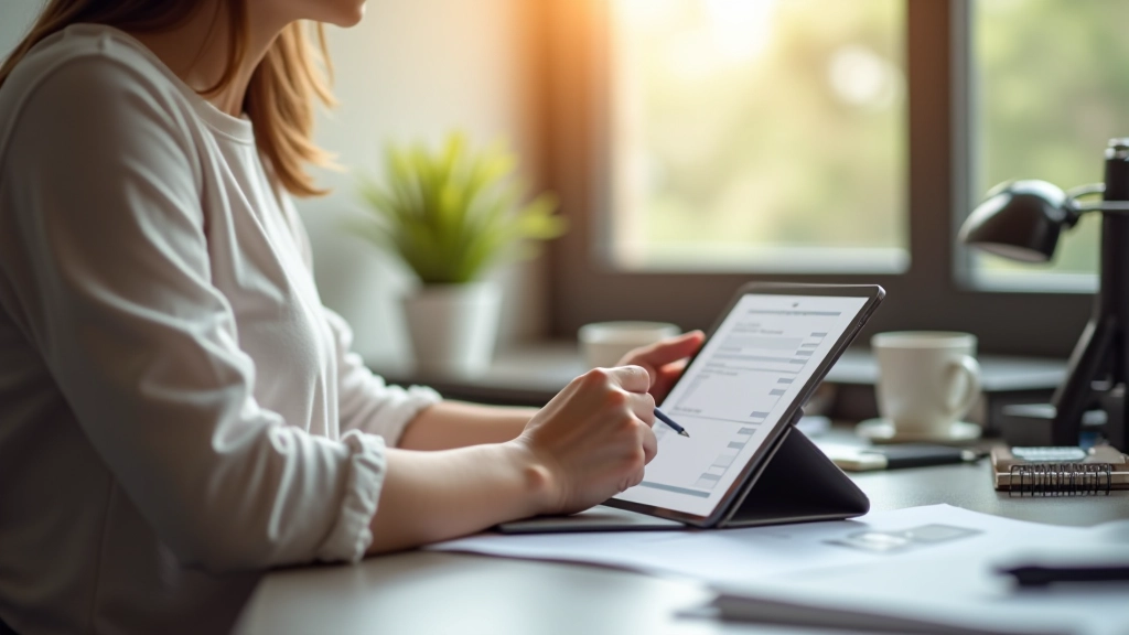 Persona che completa un modulo di contatto su un tablet, in ambiente luminoso con caffè accanto