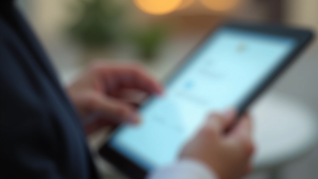 Close-up di una mano che compila un modulo su un tablet, schermo luminoso con campi di testo e bottone di invio